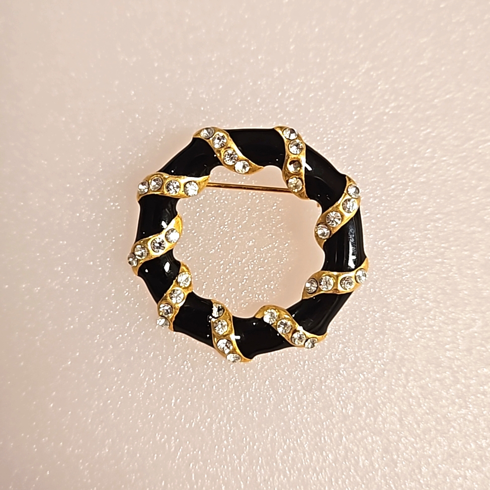 Vintage Black Enamel Goldtone Clear Rhinestone Circle Brooch Pin Prom Travel